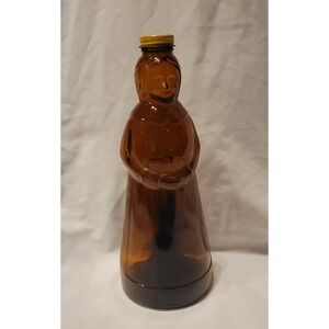 Vintage Mrs Butterworth Syrup Amber 32 oz Glass Bottle 11" Yellow Metal Cap 1978